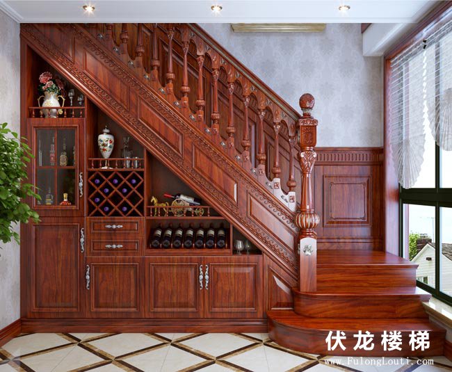 【产品6】实木整体楼梯+酒柜+护墙板(图1)
